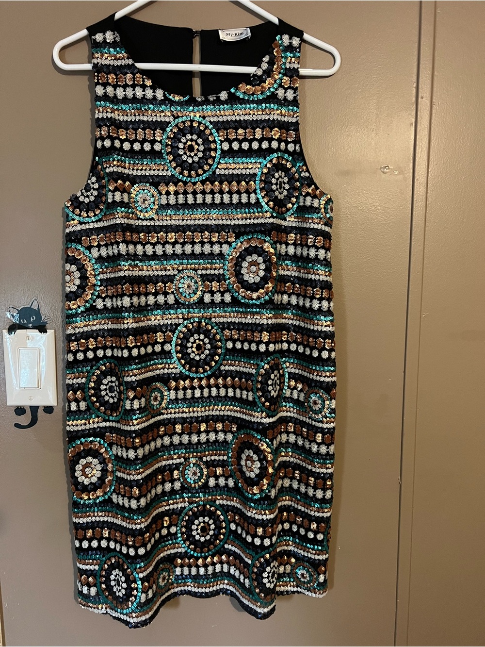 Black Beaded Shift Dress with Teal and Gold Accents
